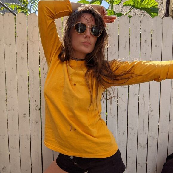 Vintage Yellow Crewneck Longsleeve Tee Thrashed Print Single Stitch Tshirt Top - Picture 2 of 11